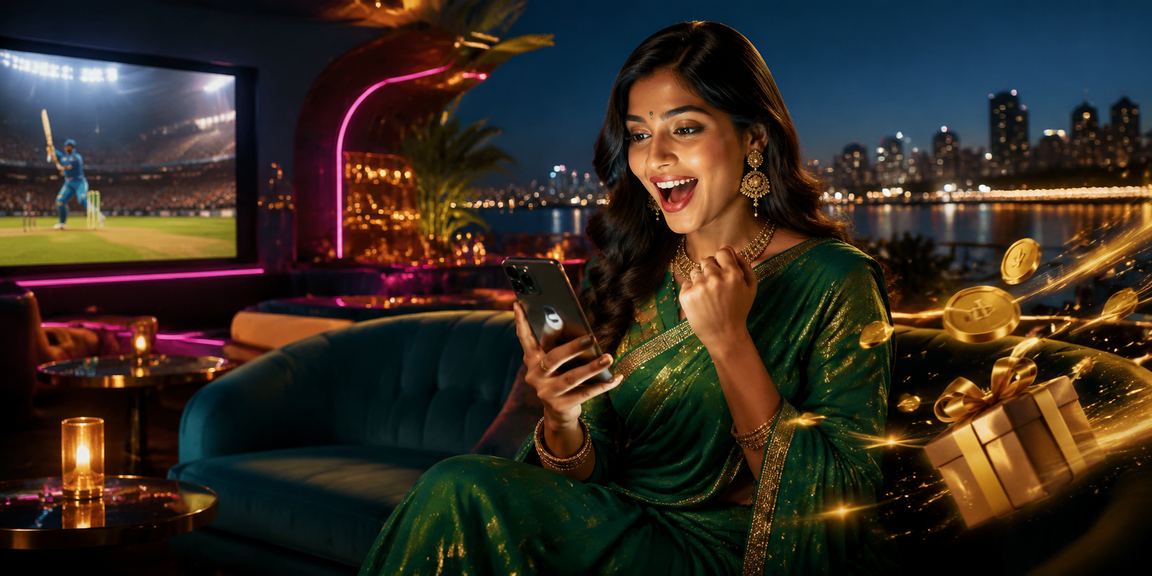Indian woman enjoying cricket live betting on mobile device