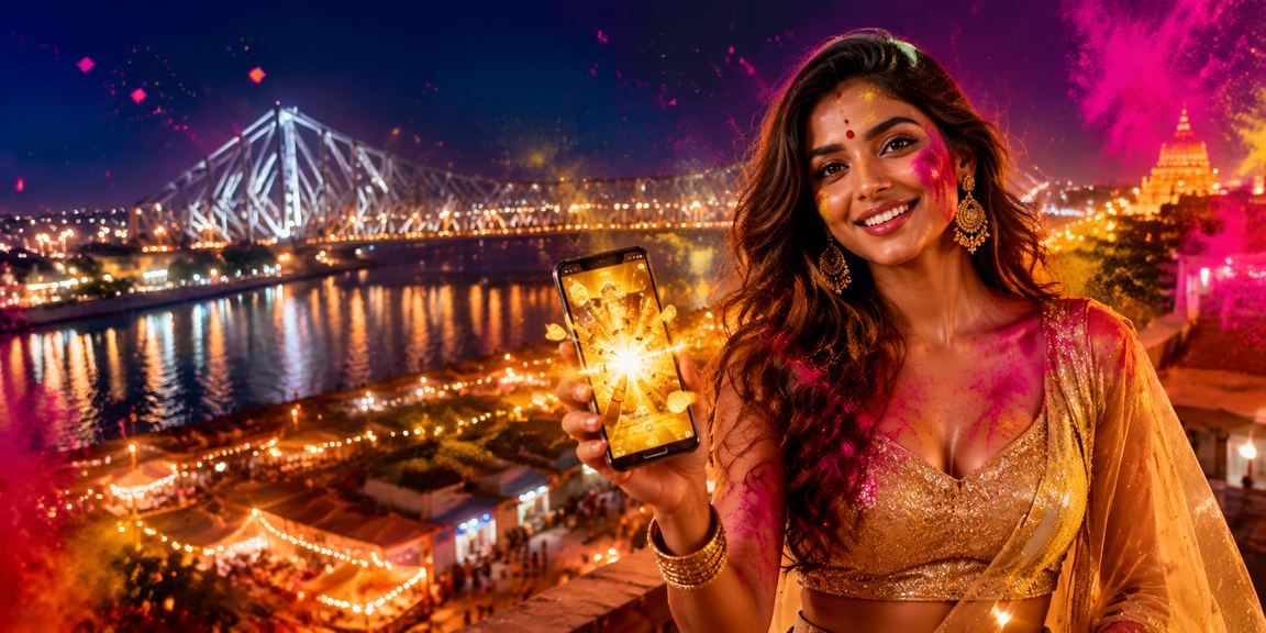 Teen Patti players gather around table in Kolkata, festive attire